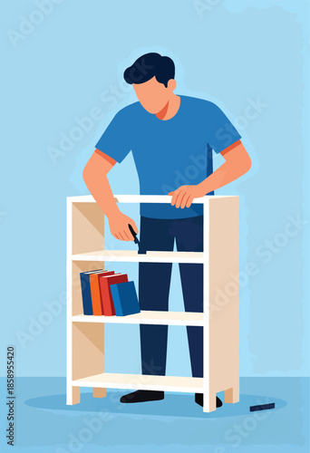 Man assembling a bookshelf, placing books