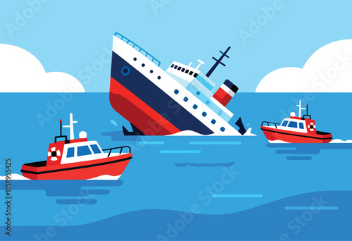 A listing ship is surrounded by rescue boats in the ocean