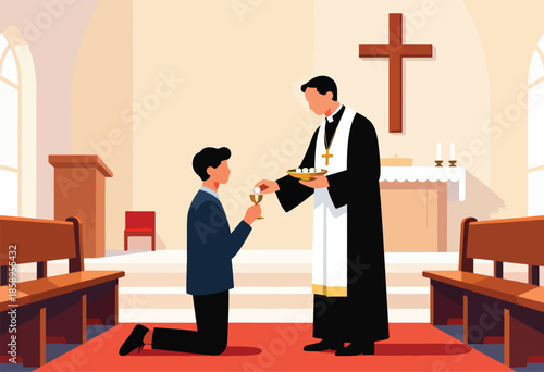 Clergy member administers communion to a kneeling individual in a church setting