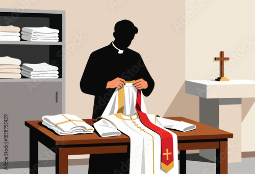 Cleric folds ornate religious vestments beside folded linens and a cross