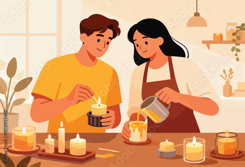 Couple creating homemade candles, setting a warm, cozy atmosphere