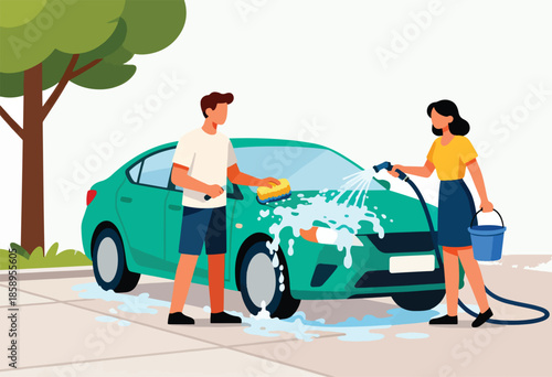 Couple washing a teal car with a sponge and hose under a tree