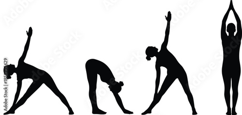 Black silhouette vector set of woman practicing yoga poses, stretching exercises, fitness and wellness concept, isolated on white background.