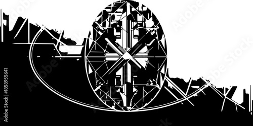 Elegant Blue and Gold Art Deco Oval Graphic Design with Intricate Geometric Patterns and Lines