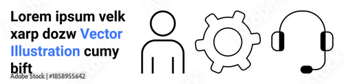 Technology services, customer support, communication, troubleshooting, technical setup, user assistance. Icon set showing a person, a gear and a headset. User support and technology services concept