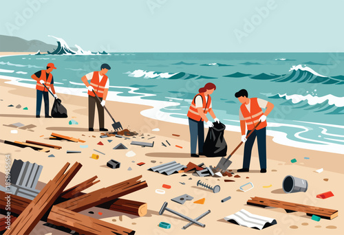 Volunteers clean polluted beach, collecting trash with shovels and bags amidst waves