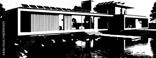 Contemporary Luxury House with Solar Panels and Flat Roof Situated by a Reflective Pond at Sunset
