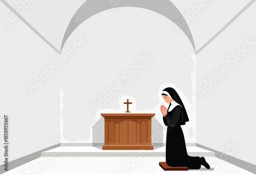 Nun praying at altar inside a minimalist church