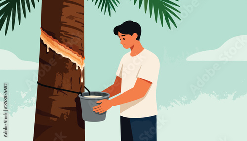 Person collecting latex from a tree with palm fronds overhead