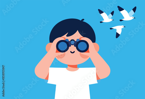 A child gazes through binoculars at three flying birds against a blue sky
