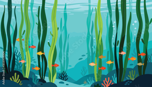 Vibrant underwater scene with schools of fish swimming through lush green kelp forests