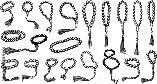 Hand Drawn Black  White Line Art Prayer Beads Collection. Sketch Set of Tasbih, Rosary, Mala, and Worry Beads for Religious, Spiritual, and Meditation Practices  Isolated Vector Illustration.