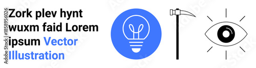 Innovation, creativity, technology, vision, design, productivity. Blue lightbulb, a black scythe and an eye. Innovation and creativity concept with symbols of brightness and perspective