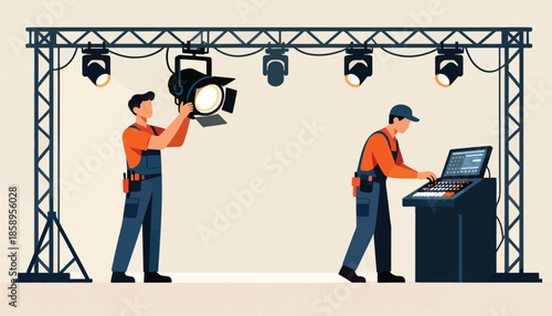 Technicians adjust stage lights and control board