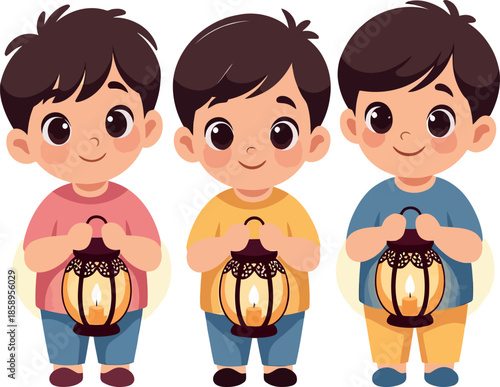 Three cute cartoon boys in colorful shirts stand side-by-side, each smiling and holding a glowing traditional lantern with a candle inside