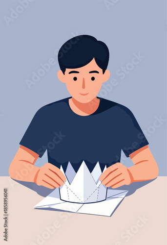 Young person with dark hair creating a paper crown with dotted lines