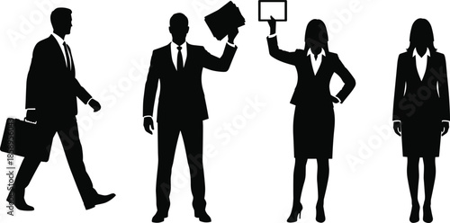 Business people silhouettes set, diverse corporate men and women in suits walking, holding papers and tablet, isolated on white background.