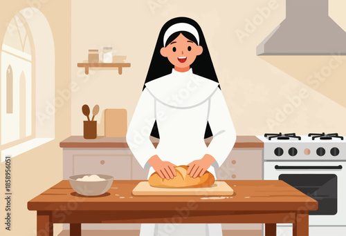 A smiling person in a nun's habit prepares bread in a warm, rustic kitchen
