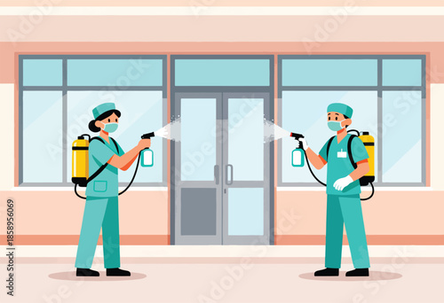Two people in medical attire spray disinfectant near glass doors