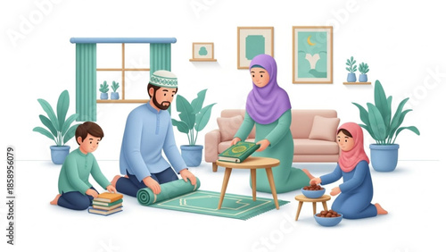 Islamic Family Prayer at Home with Parents and Child