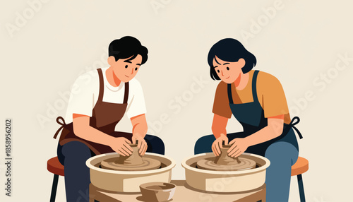 Two people focused on shaping clay on pottery wheels