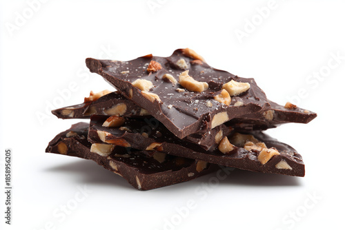 Dark chocolate nut almond hazelnut candy dessert snack gourmet sweet treat lead stack of rich bark with chopped nuts white background, crunchy texture and indulgent mood, close up food photography