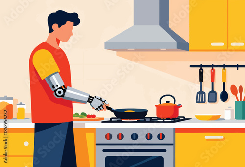 Man with robotic arm cooking in a modern kitchen