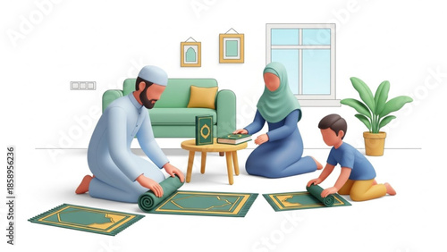 Muslim Family Preparing for Prayer at Home 3D Illustration