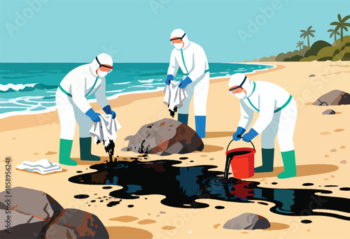 Three figures in protective suits clean up an oil spill on a beach