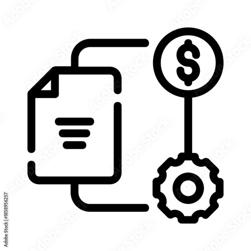 Money symbol and gear connected by lines, ideal for financial presentations, business websites, and technologyrelated designs. Suitable for promotional materials.
