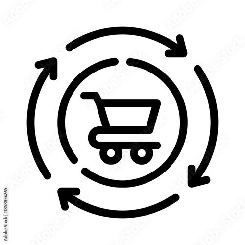 Shopping cart in circular arrow pattern ideal for ecommerce icons, retail concepts, cycle of shopping processes, mall promotions, online sales.
