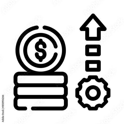Coins, gear, and arrow icons symbolizing financial growth. Perfect for illustrating economic progress, investment, and financial success concepts in designs.
