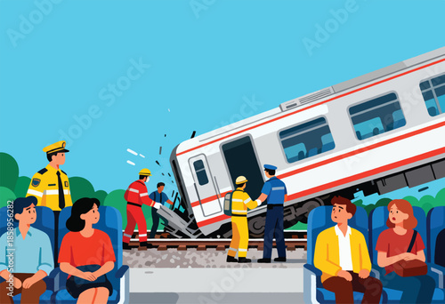 Train derails with passengers looking concerned as emergency responders arrive