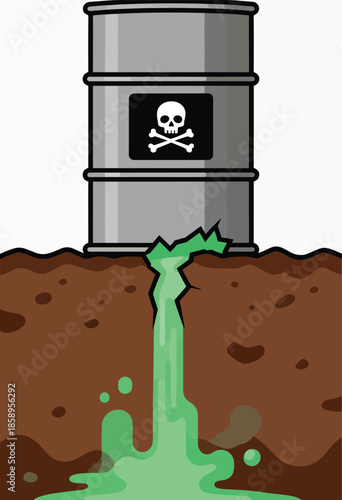 A leaking toxic barrel contaminates the soil with green sludge