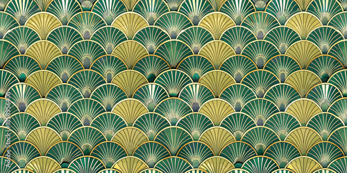 Elegant green and gold fan patterned design, perfect for sophisticated decor.