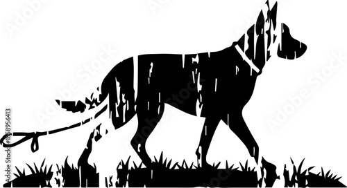 Elegant dog silhouette with leash walking in grass, a modern and stylish design, perfect for pet businesses and stylish pet lovers in a clean simple graphic