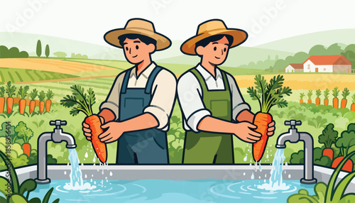 Farmers washing harvested carrots in a vibrant field, with farm buildings in the background