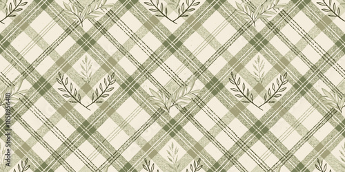 Elegant green and beige patterned fabric featuring leaf motifs and a checkered design.
