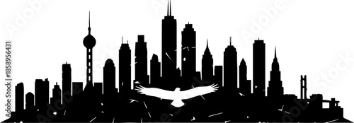 Striking skyline silhouette with soaring eagle, a symbol of freedom and urban ambition, perfect for travel, design, and corporate branding projects