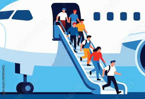 Passengers descending an aircraft's mobile stairs
