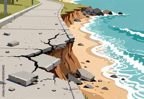 Cracked pavement breaks away from a cliff edge onto a sandy beach with waves