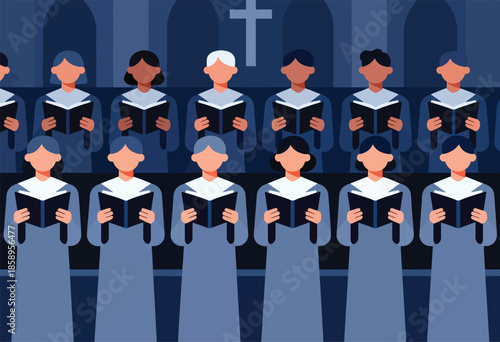A diverse choir stands in rows, reading from open books with a cross in the background