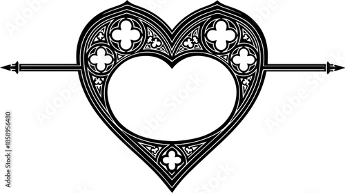 Elegant gothic heart with intricate quatrefoil details, perfect for Valentine's Day invitations, wedding designs, or romantic vintage themes, originally vector