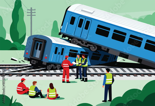 Train derailment; responders assess the scene with wreckage and passengers sitting on the ground