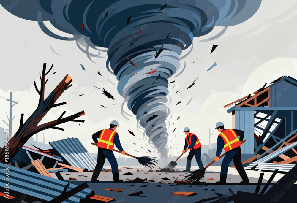 Obraz premium Three workers clean up after a massive tornado destroys a town