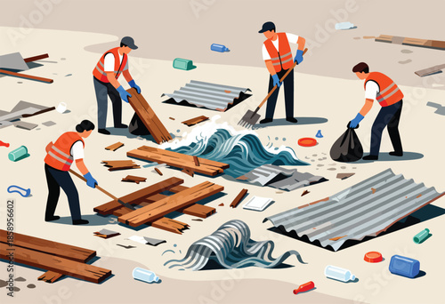 People in safety vests clean up debris after a wave impacts a beach