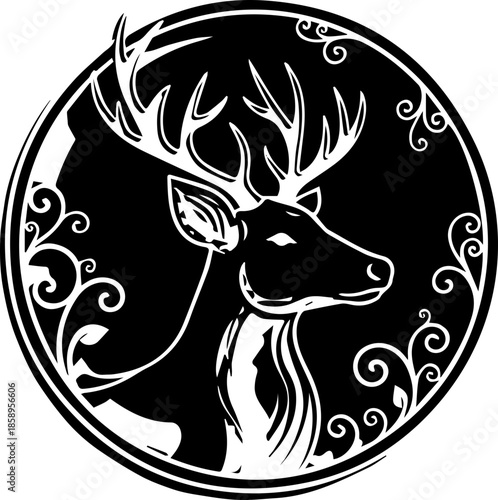 Majestic stag emblem with decorative flourishes, evoking nature, royalty, and strength, perfect for branding, logos, and designs requiring a touch of elegance