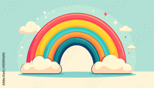 Cartoon rainbow with clouds on a light blue background.