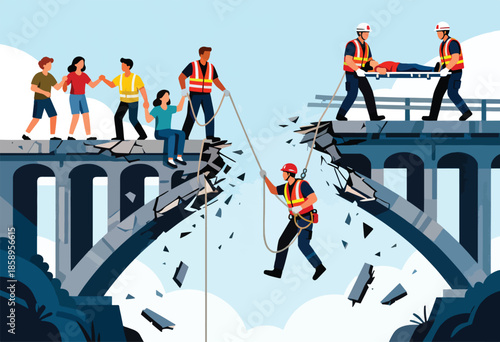 Rescuers aid people stranded on a broken bridge, showing teamwork and aid