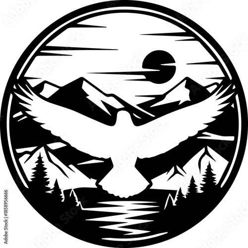 Majestic eagle soars over serene mountain landscape with sun and forest, a symbol of freedom, nature, and strength for logos and designs